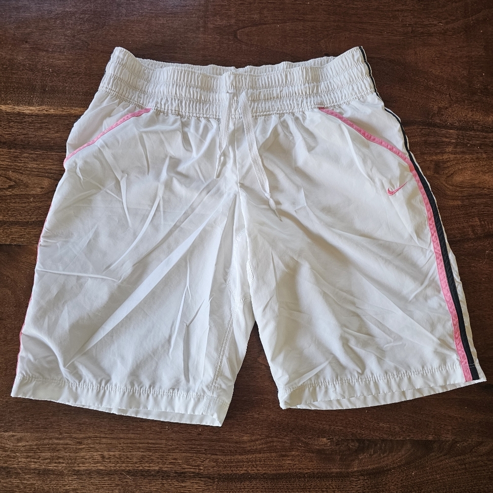 Womens Nike Shorts Long White Pink Black Stripes Drawstring Inner Lining Size L